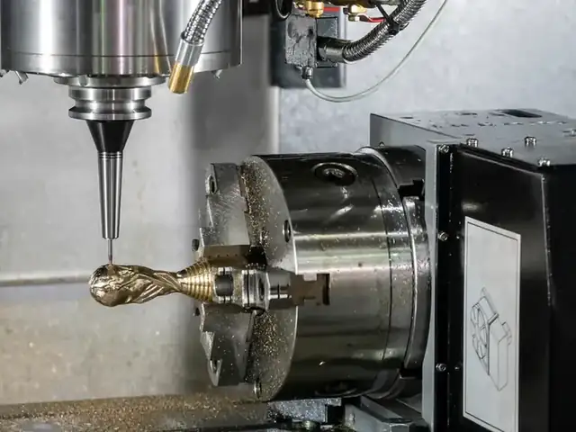 Brass part being milled on a four-axis machining centre